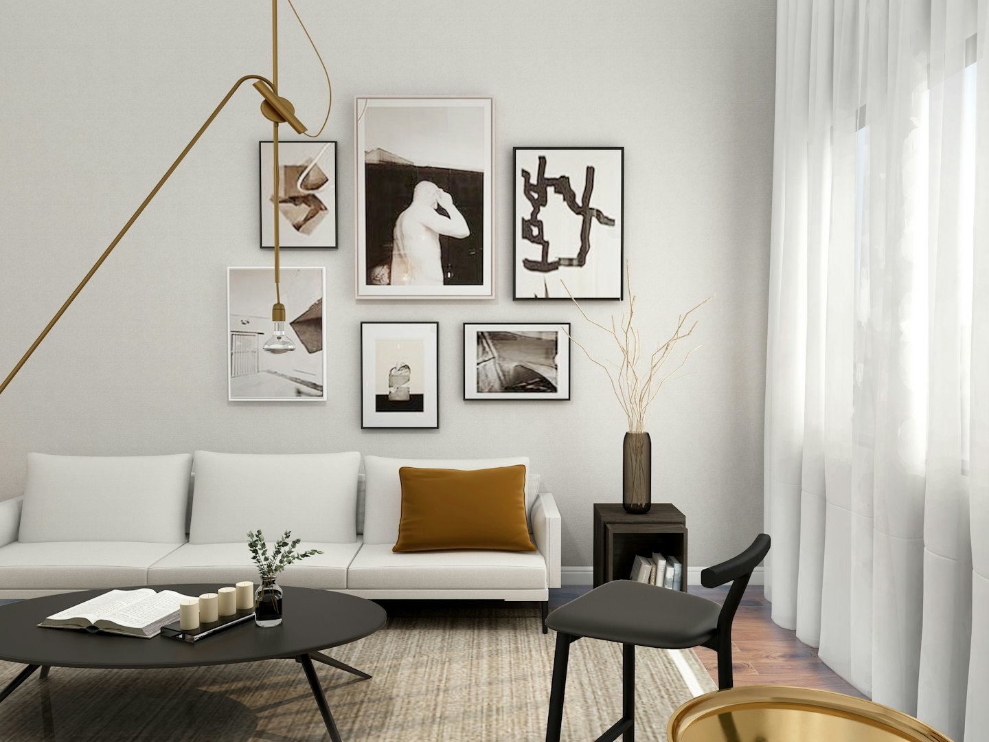 Modern living room with white sofa and abstract art.